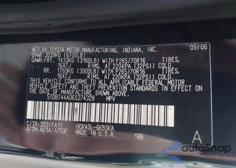 2006 Toyota Sequoia Sr5 from USA, damaged, VIN 5TDBT44A06S274329